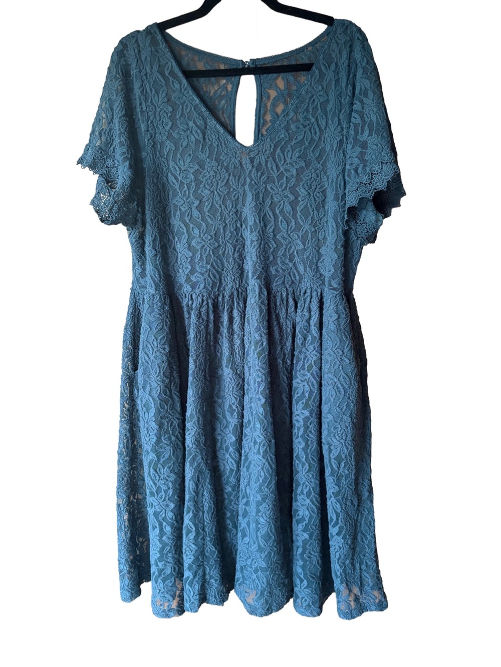Blue Green Lace Mini Dress with V-Neck
